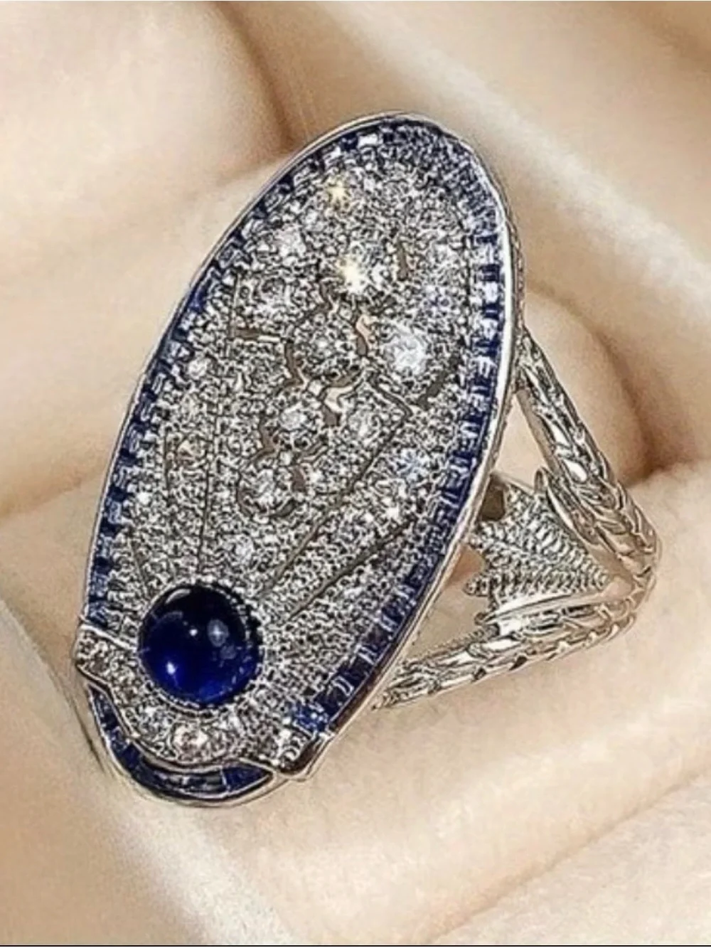 Anthropologie Art Deco Style Blue Cabochon Pavé Crystal Statement Ring Size 7